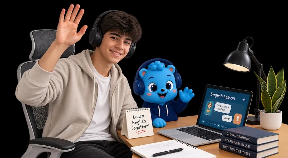 Flalingo Kids online İngilizce dersinde maskotla birlikte çocuk
