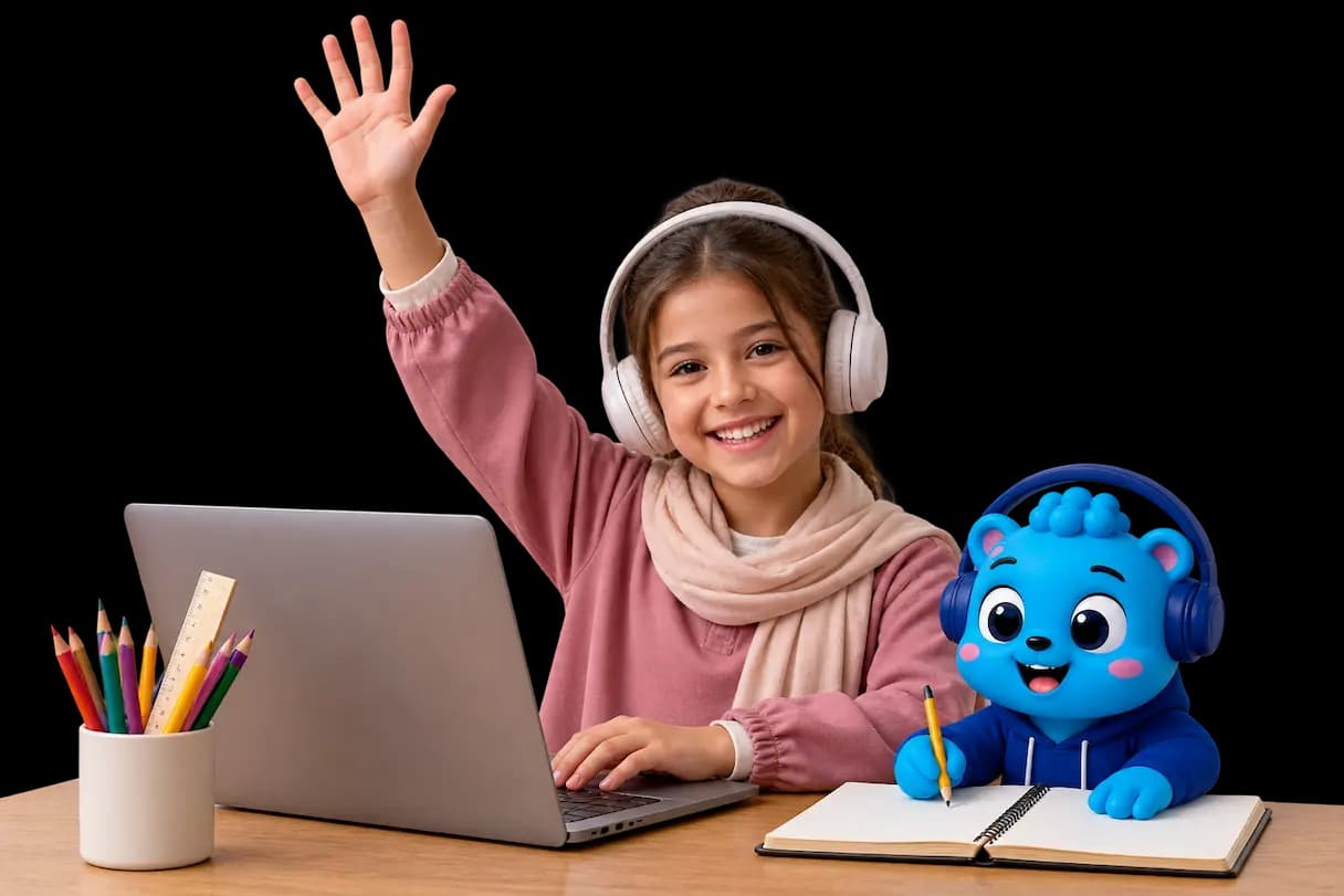 Flalingo Kids online İngilizce dersinde maskotla birlikte çocuk