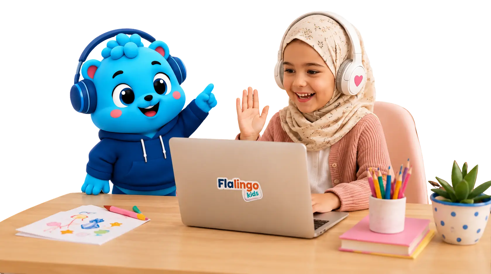 Flalingo Kids online İngilizce dersinde maskotla birlikte çocuk