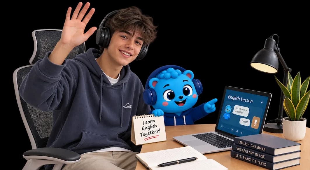 Flalingo Kids online İngilizce dersinde maskotla birlikte çocuk