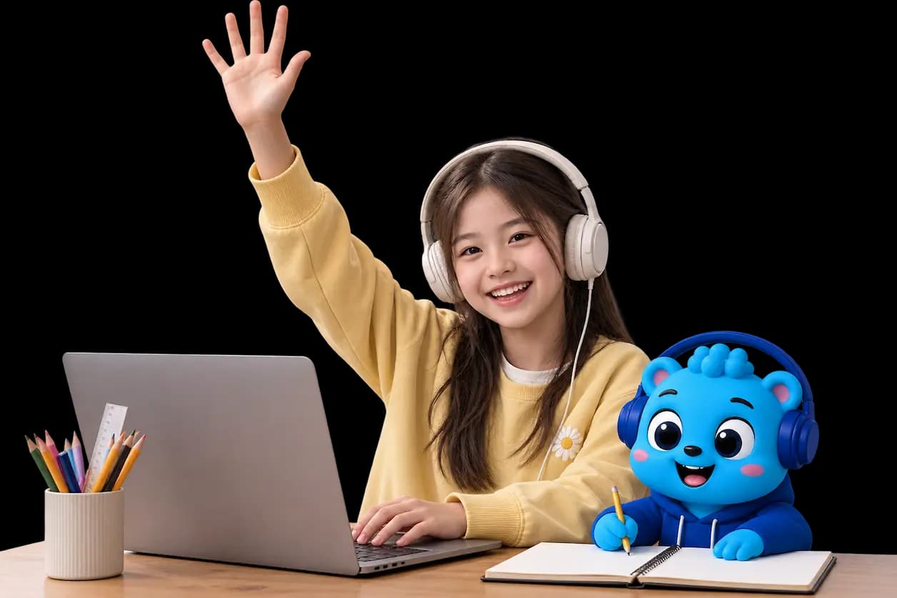Flalingo Kids online İngilizce dersinde maskotla birlikte çocuk