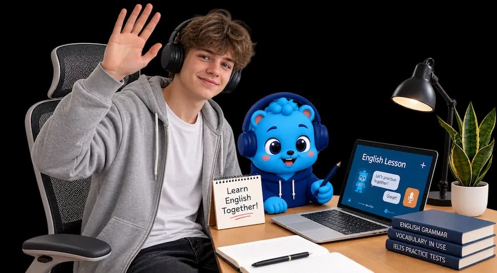 Flalingo Kids online İngilizce dersinde maskotla birlikte çocuk