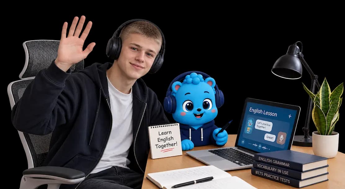 Flalingo Kids online İngilizce dersinde maskotla birlikte çocuk