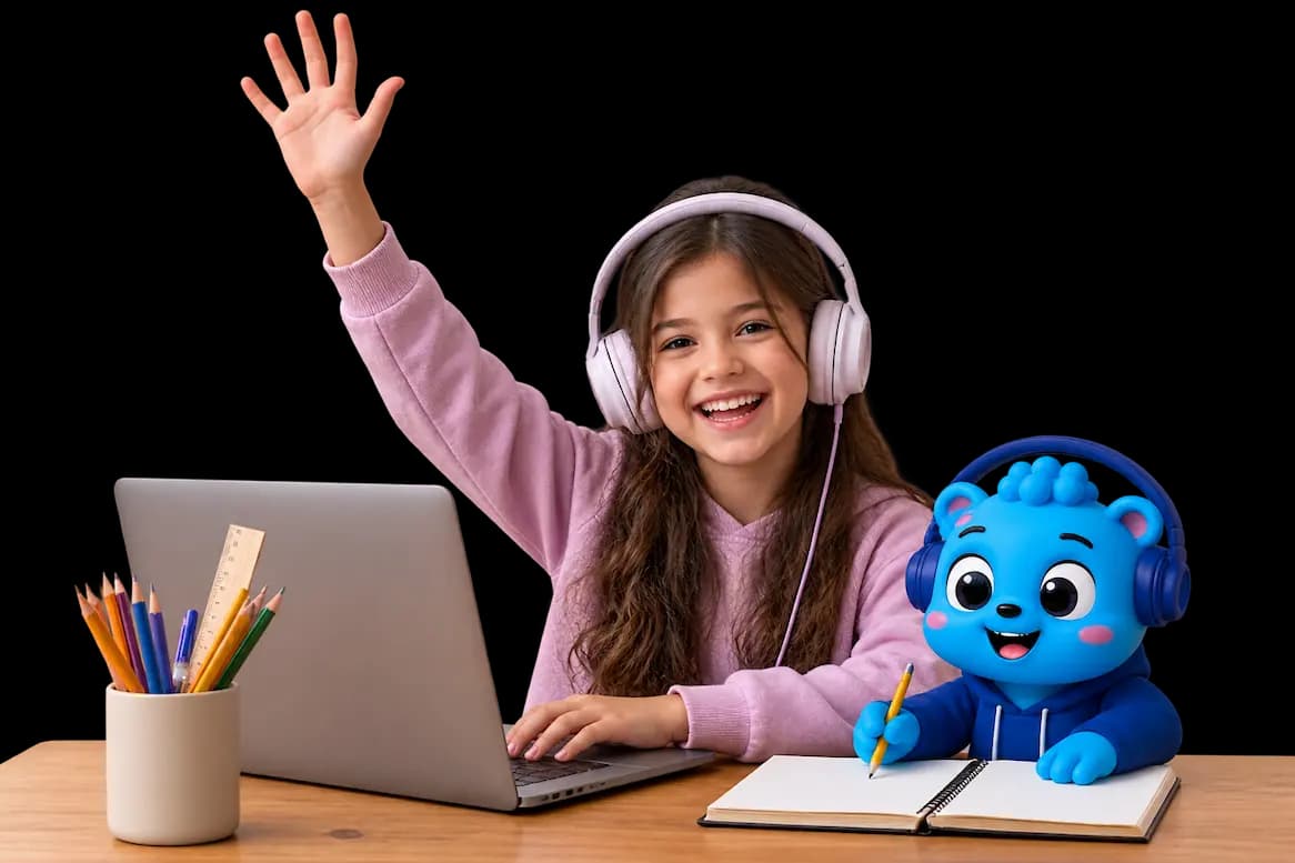 Flalingo Kids online İngilizce dersinde maskotla birlikte çocuk