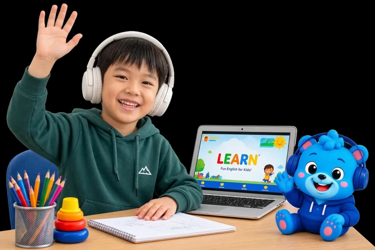Flalingo Kids online İngilizce dersinde maskotla birlikte çocuk