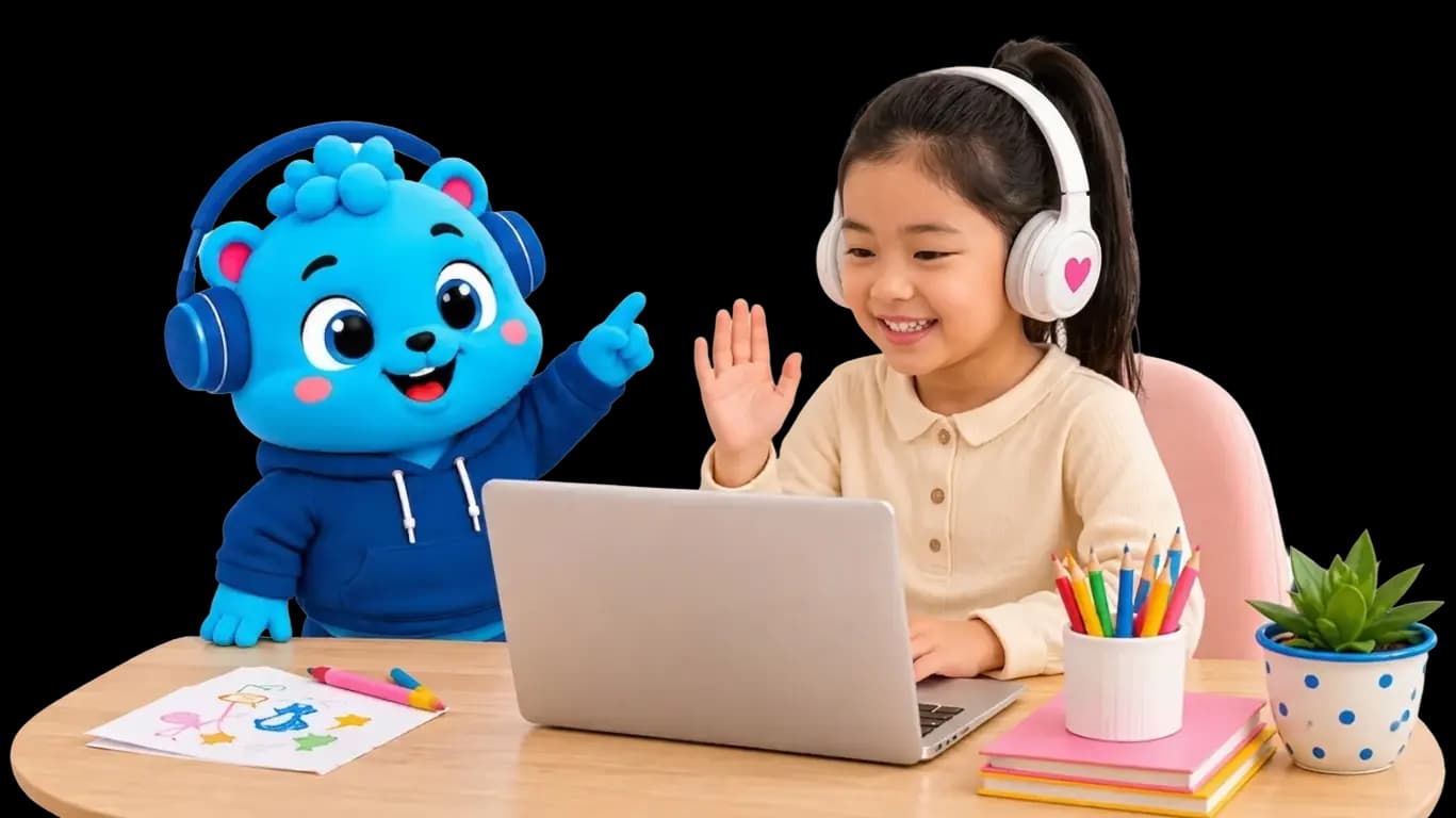 Flalingo Kids online İngilizce dersinde maskotla birlikte çocuk