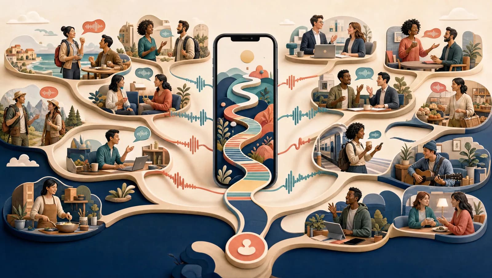 A playful illustrated world of multilingual conversations