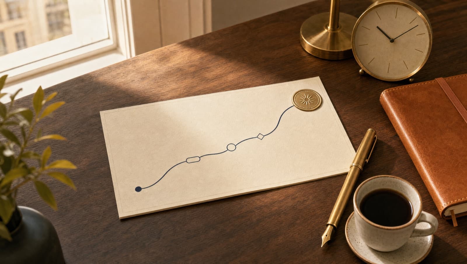 Editorial illustration of a guided score journey on a warm walnut desk