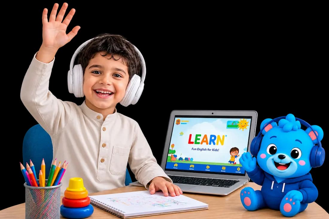 Flalingo Kids online İngilizce dersinde maskotla birlikte çocuk