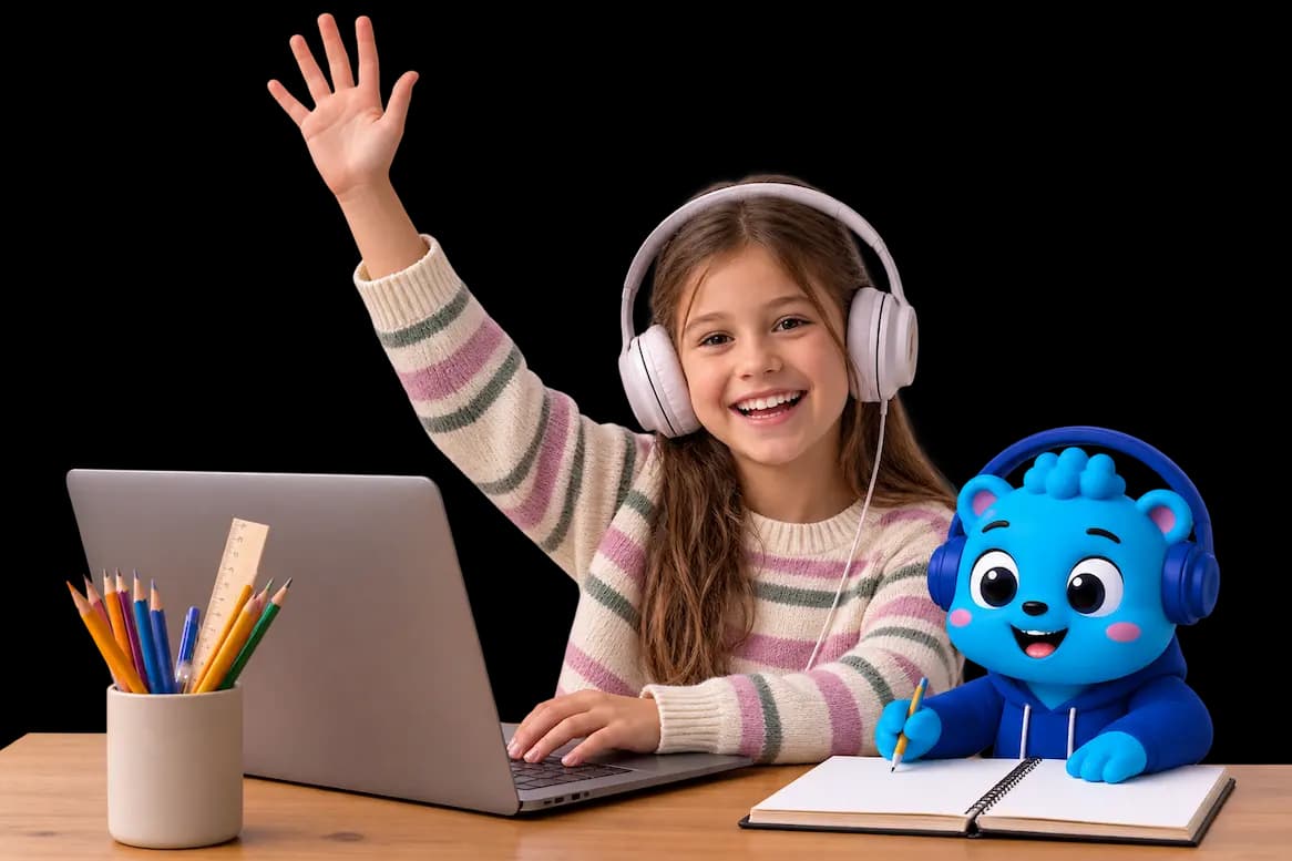 Flalingo Kids online İngilizce dersinde maskotla birlikte çocuk