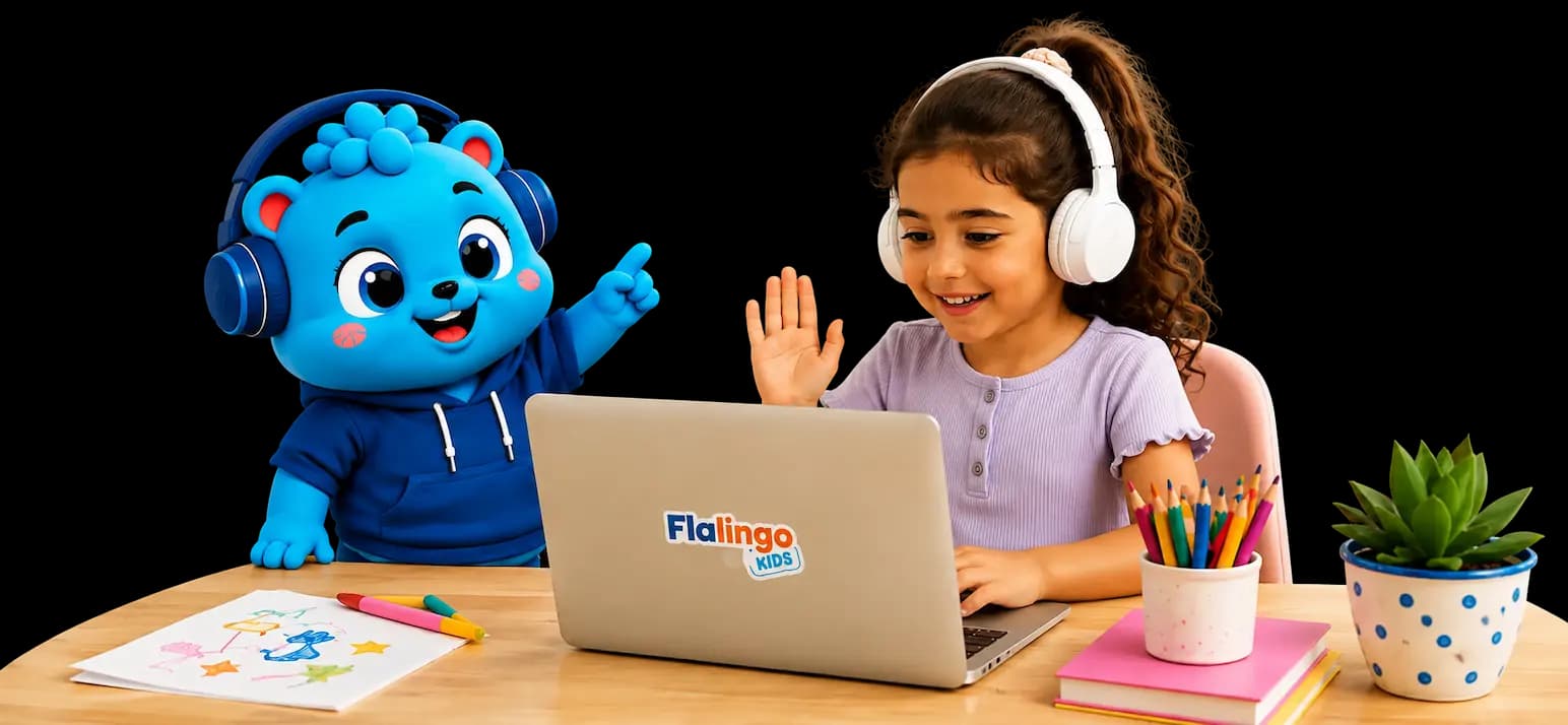 Flalingo Kids online İngilizce dersinde maskotla birlikte çocuk