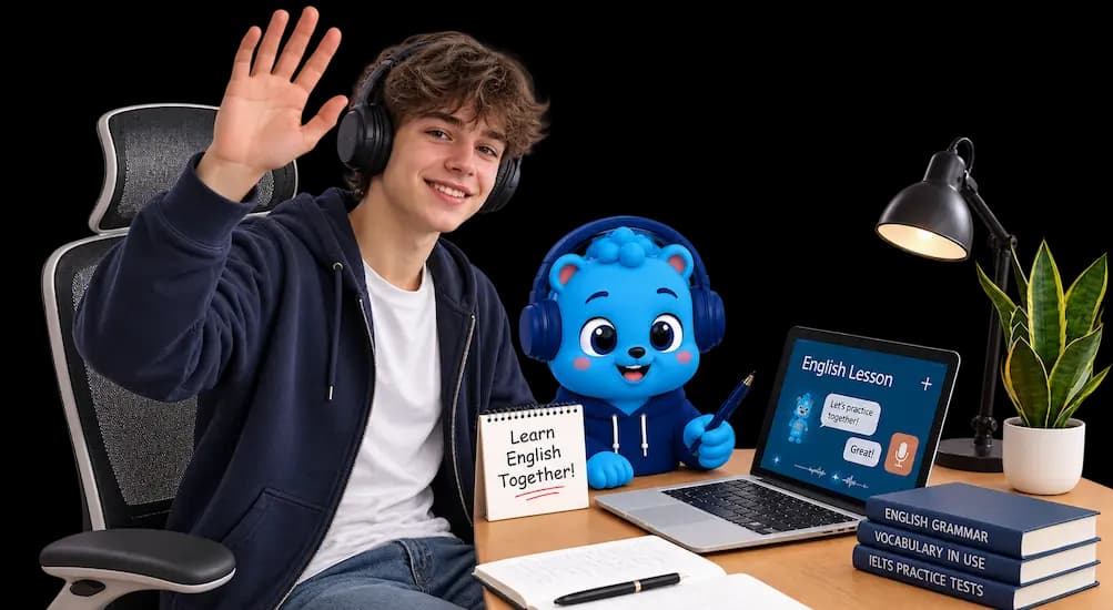 Flalingo Kids online İngilizce dersinde maskotla birlikte çocuk