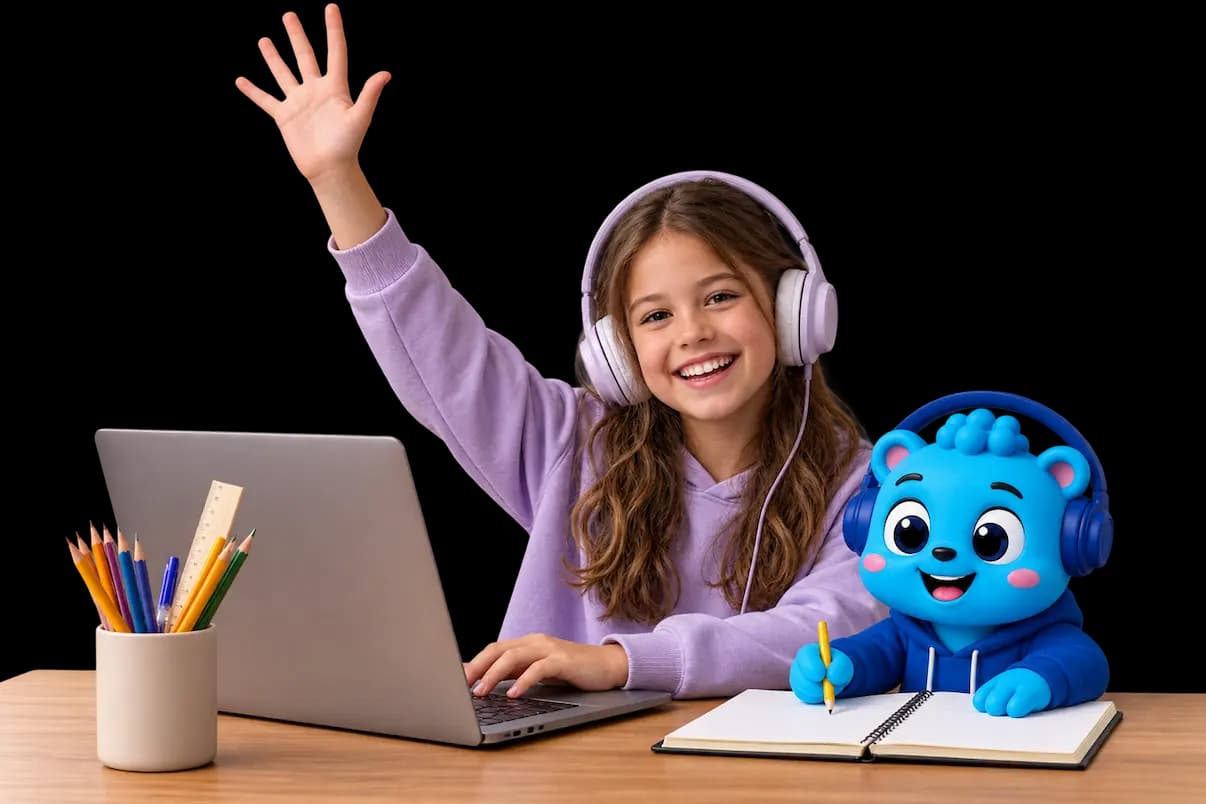 Flalingo Kids online İngilizce dersinde maskotla birlikte çocuk