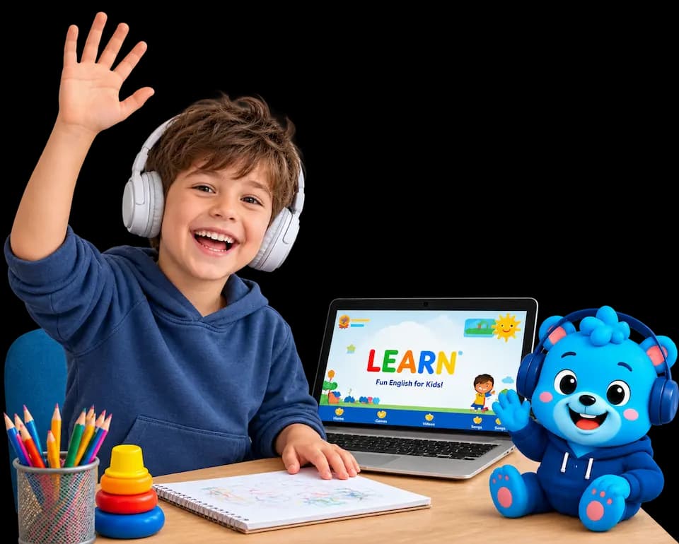 Flalingo Kids online İngilizce dersinde maskotla birlikte çocuk