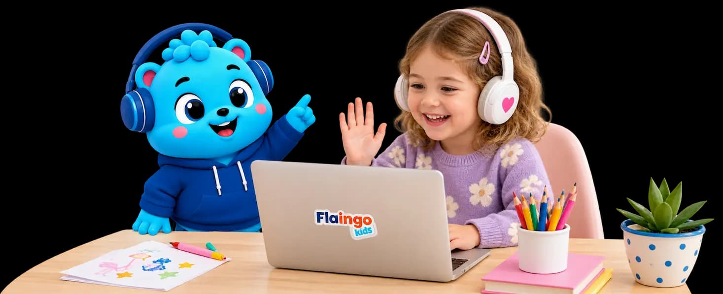 Flalingo Kids online İngilizce dersinde maskotla birlikte çocuk