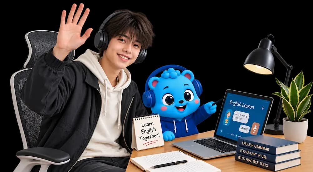 Flalingo Kids online İngilizce dersinde maskotla birlikte çocuk