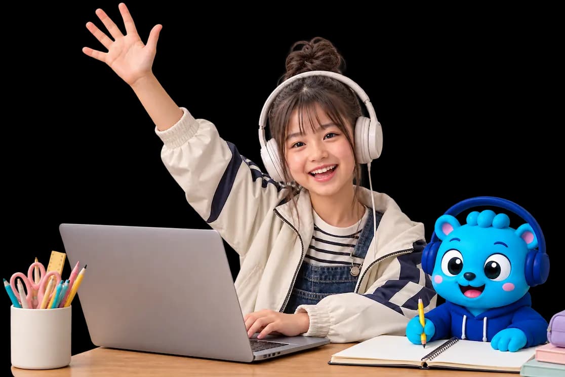 Flalingo Kids online İngilizce dersinde maskotla birlikte çocuk