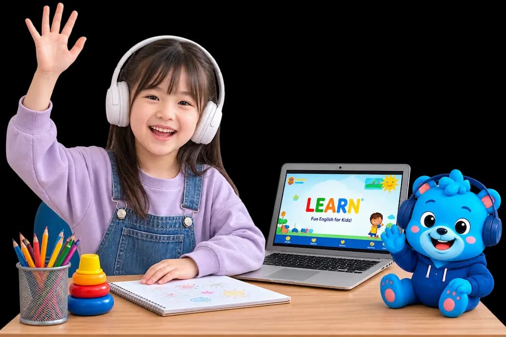 Flalingo Kids online İngilizce dersinde maskotla birlikte çocuk