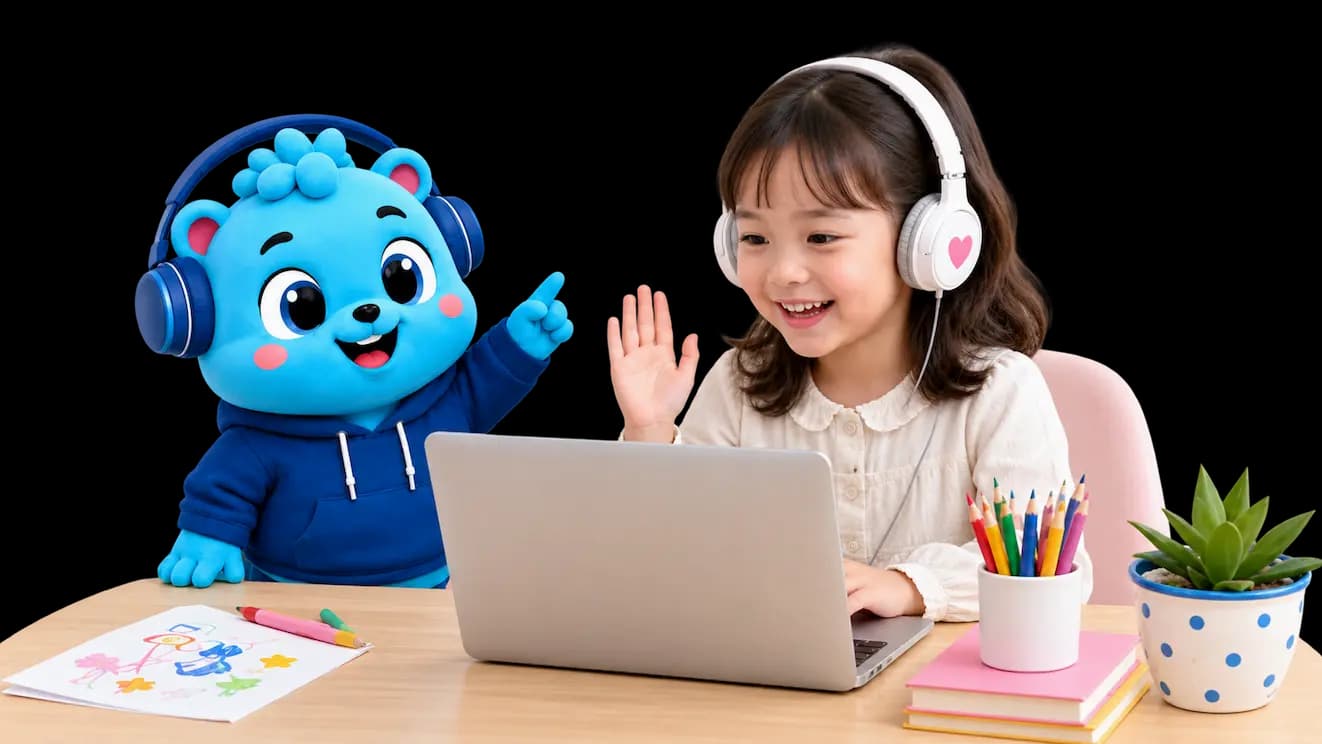 Flalingo Kids online İngilizce dersinde maskotla birlikte çocuk