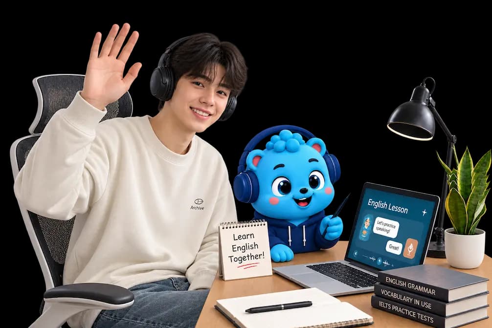 Flalingo Kids online İngilizce dersinde maskotla birlikte çocuk