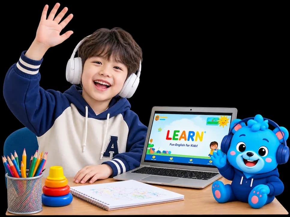 Flalingo Kids online İngilizce dersinde maskotla birlikte çocuk