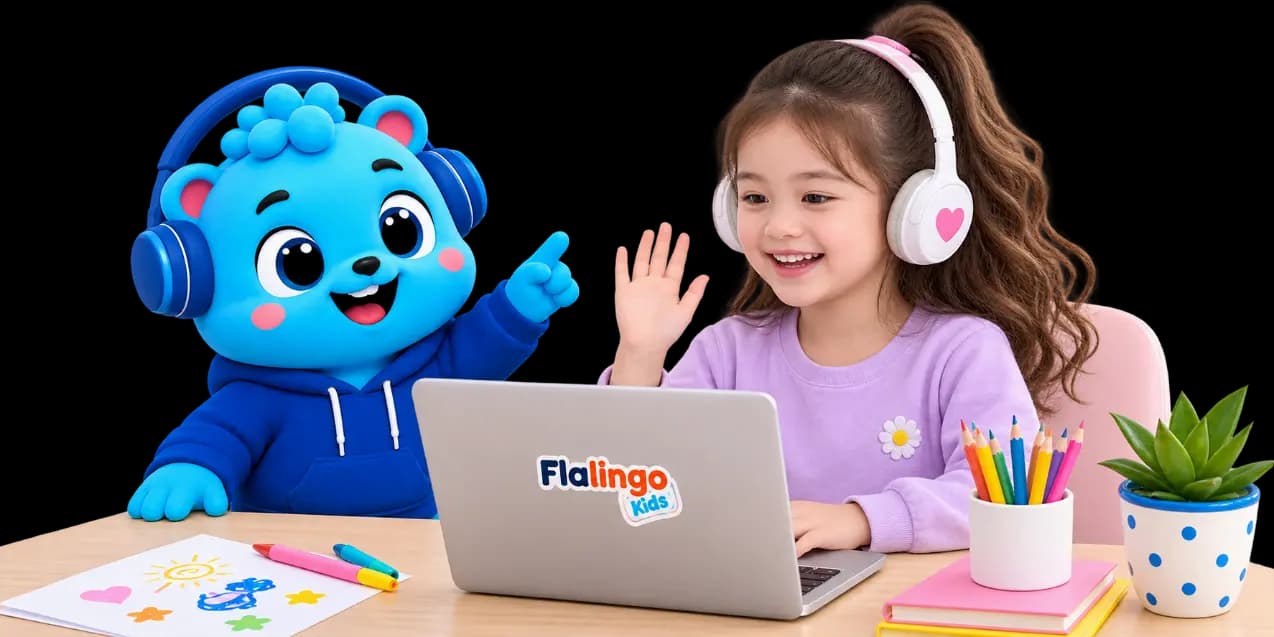 Flalingo Kids online İngilizce dersinde maskotla birlikte çocuk