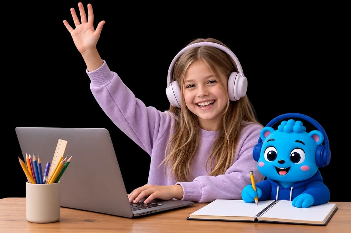 Flalingo Kids online İngilizce dersinde maskotla birlikte çocuk