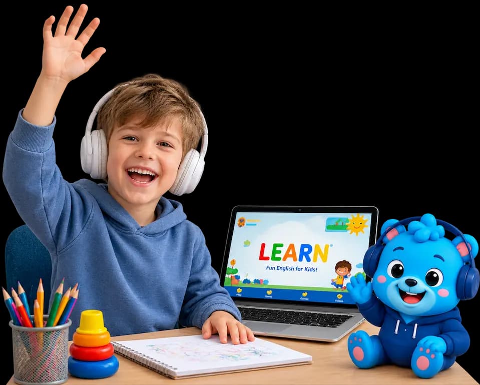 Flalingo Kids online İngilizce dersinde maskotla birlikte çocuk