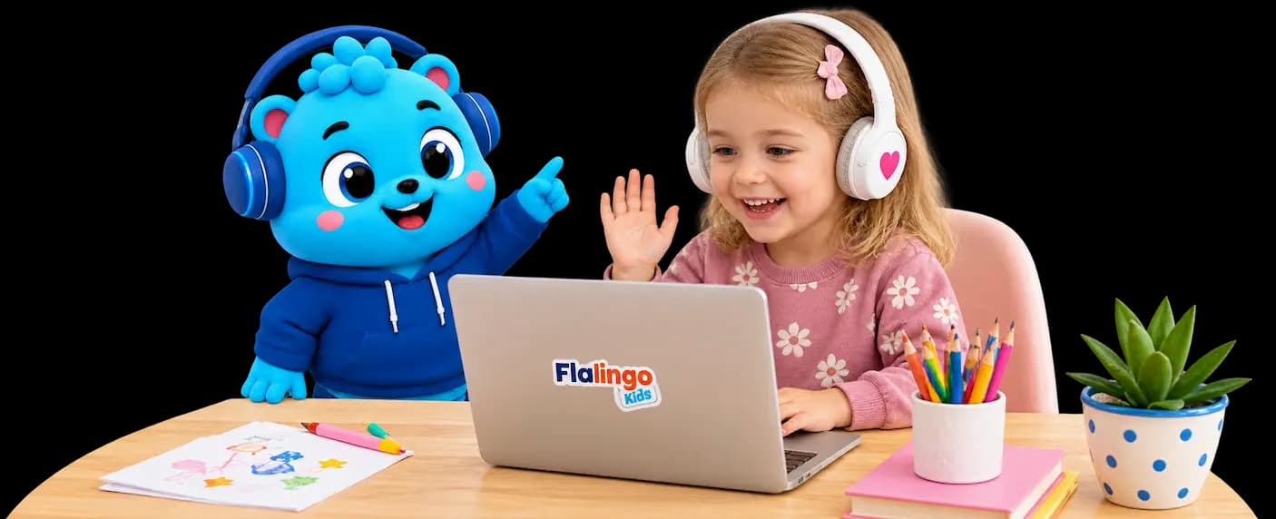 Flalingo Kids online İngilizce dersinde maskotla birlikte çocuk