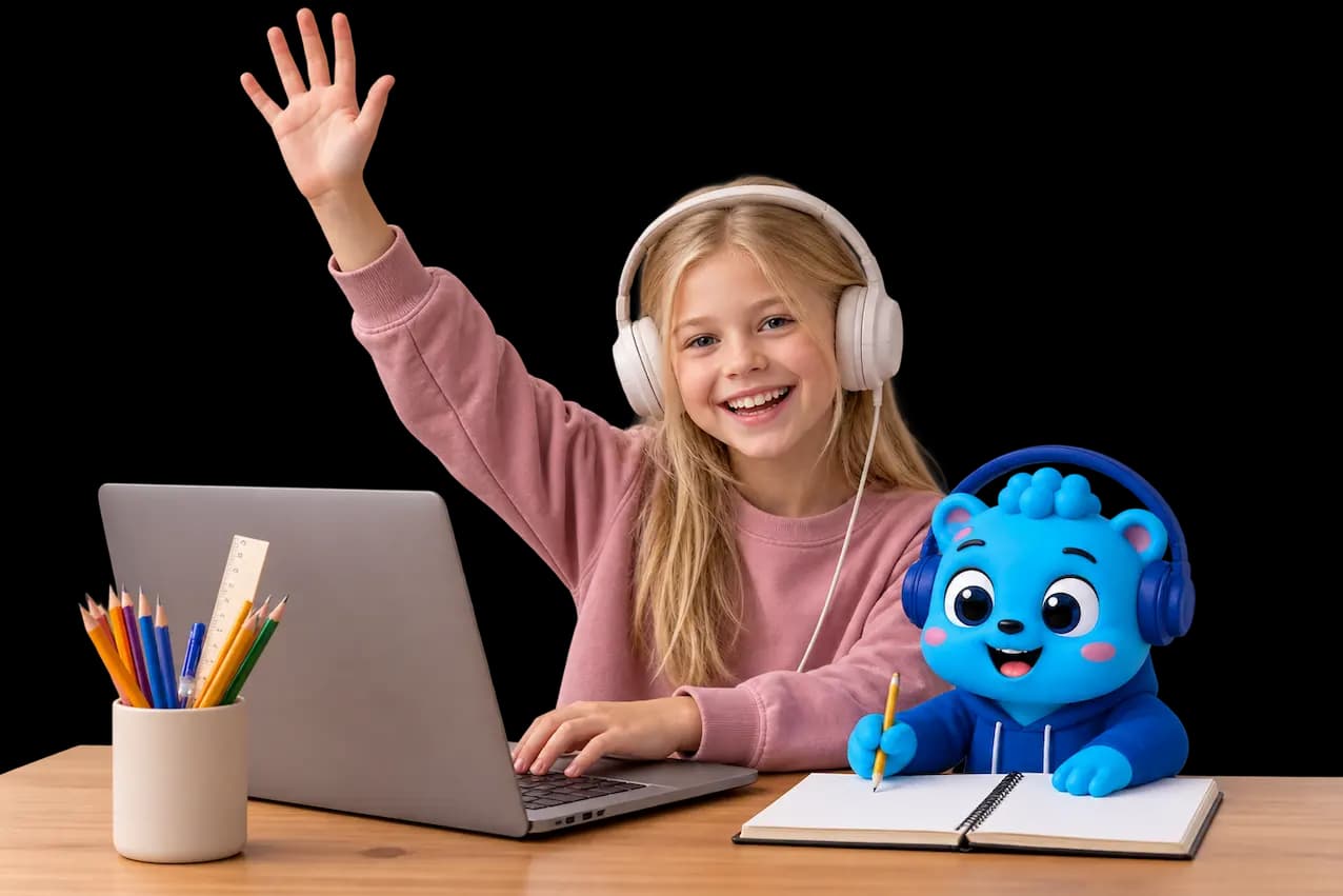 Flalingo Kids online İngilizce dersinde maskotla birlikte çocuk