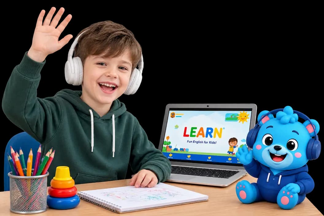 Flalingo Kids online İngilizce dersinde maskotla birlikte çocuk