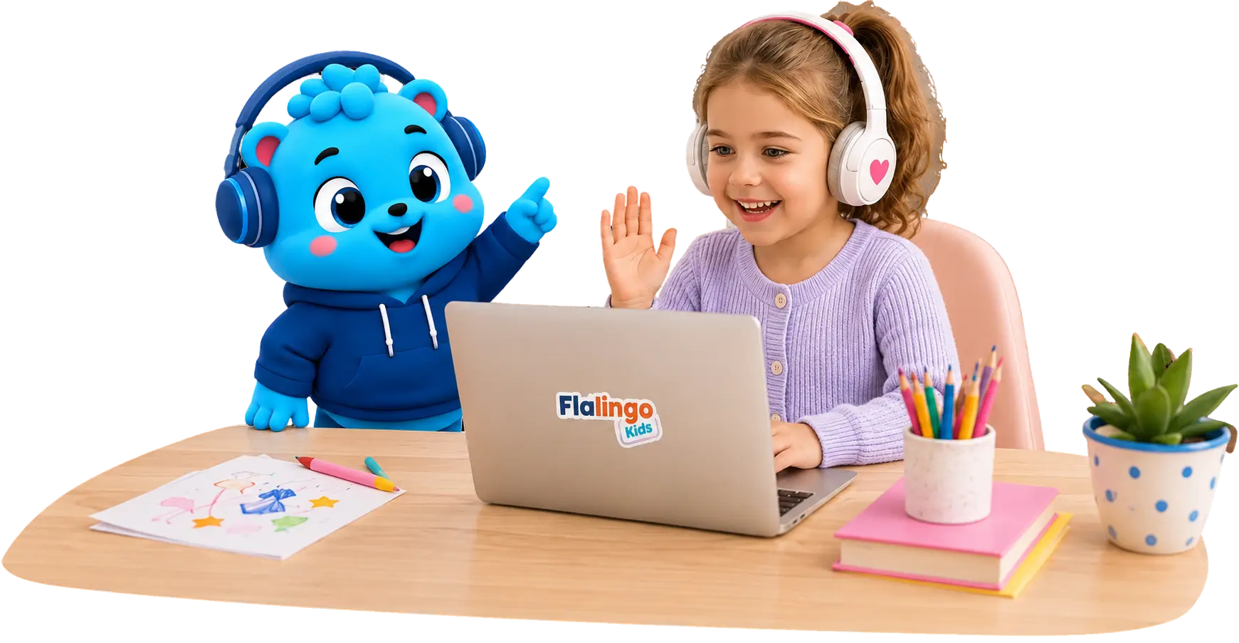 Flalingo Kids online İngilizce dersinde maskotla birlikte çocuk