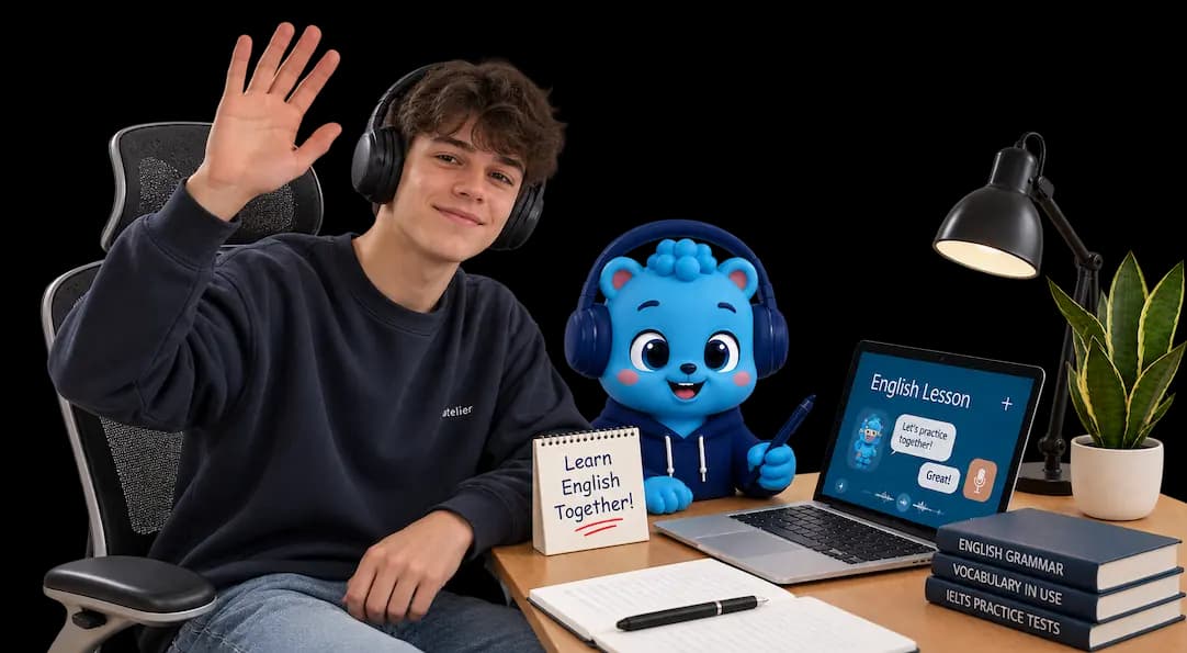 Flalingo Kids online İngilizce dersinde maskotla birlikte çocuk