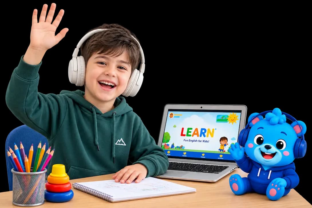 Flalingo Kids online İngilizce dersinde maskotla birlikte çocuk