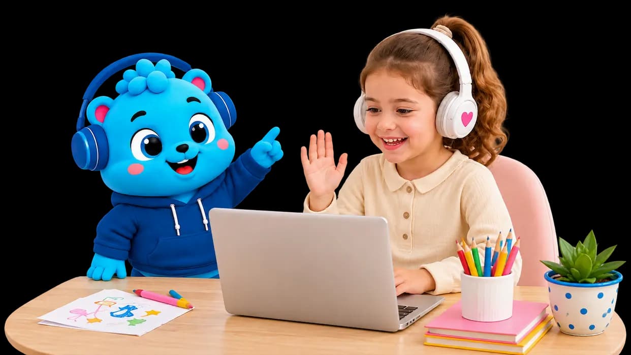 Flalingo Kids online İngilizce dersinde maskotla birlikte çocuk